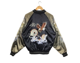 Souvenir Jacket!!! Vintage SUKAJAN EAGLE DRAGON Japan Design Fully Zipper Bomber Sukajan Jacket Double Large Size