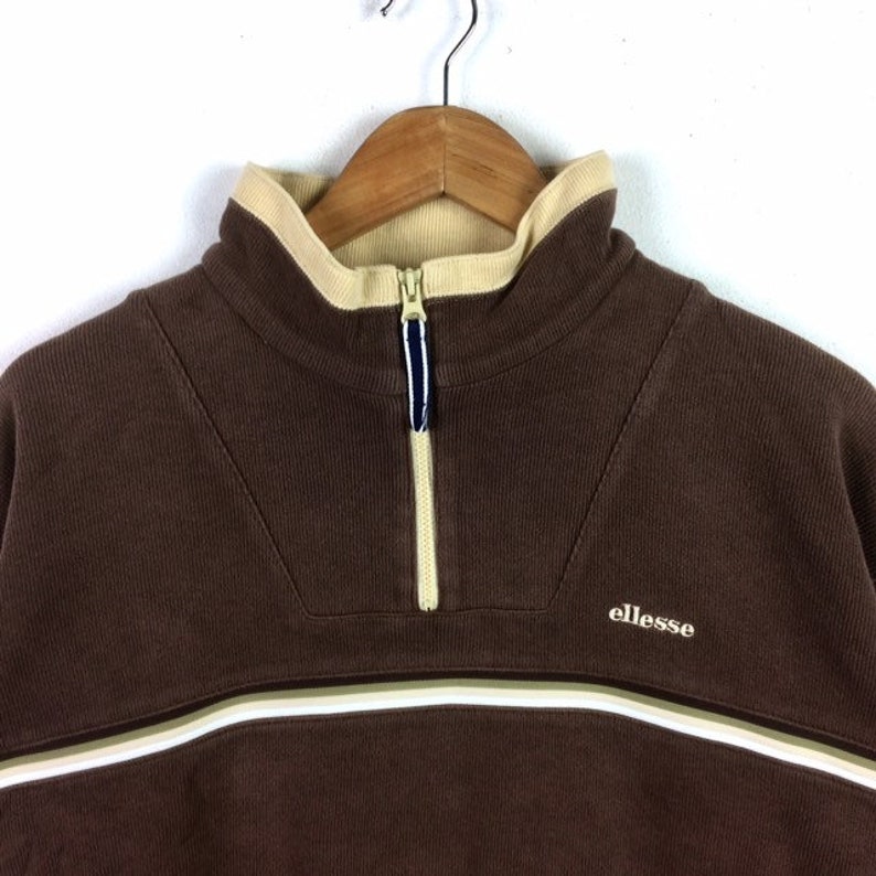 Rare!! Vintage ELLESSE PERUGIA ITALIA Small Logo Half Zipper Sweatshirt Brown Colour Large Size Women