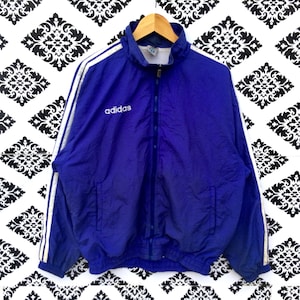Rare!!! Vintage ADIDAS TREFOIL THREE Stripes Fully Zipper Windbreaker Jacket Blue Colour Medium Size