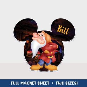 May include: A printable Disney character magnet sheet featuring a grumpy dwarf from Snow White and the Seven Dwarfs. The dwarf is wearing a red and blue outfit and has a white beard. The magnet sheet is shaped like Mickey Mouse ears and has the name "Bill" written on the right ear.