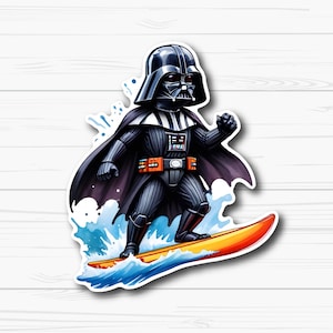 May include: Darth Vader, a Star Wars character, is depicted as a cartoon surfing on a yellow surfboard with blue waves. He is wearing his iconic black helmet and cape, and his dark suit has a silver belt.