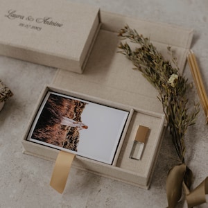 4x6 Vintage Hochzeitsfotobox mit 3.0 USB Stick | Stoffbox personalisiert für Fotos 15 x 10 cm