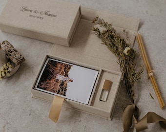 Caja de fotos de boda vintage de 4x6 con unidad USB 3.0 / Caja de tela personalizada para fotos de 15 x 10 cm