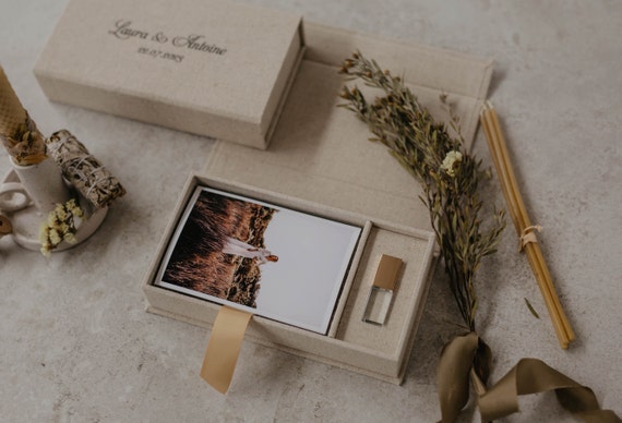 4x6 Vintage wedding photo box with 3.0 USB drive | Fabric personalized box for 15x10 cm photos