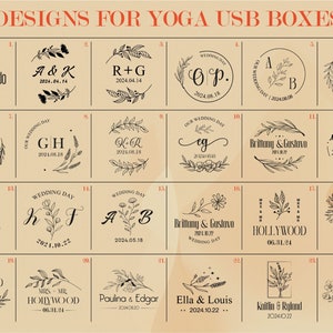 May include: A collection of 24 designs for yoga USB boxes. Each design features a floral wreath with a couple's initials and wedding date. The designs are numbered 1 through 24.