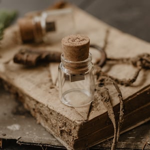 May include: A small glass bottle with a cork top and a USB drive inside. The bottle is sitting on an old, worn book with a brown leather cover.