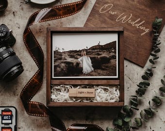 Handcrafted 4x6 Wooden Wedding Photo Box with 3.0 USB drive – Walnut Sliding Lid Photo Packaging for 15x10 Prints Photographers