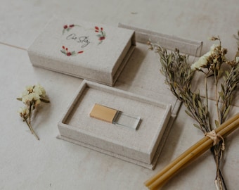 Wedding USB box with crystal USB flash drive 3.0 | Vintage Linen USB box and personalized usb drive