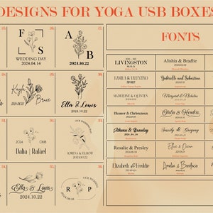 May include: A beige background with a grid of 16 squares. Each square contains a design for a yoga USB box. The designs feature floral elements and text with names and dates. The text in the image reads: "Designs for Yoga USB Boxes", "Fonts", "Wedding Day", "Our Wedding Day", "Livingston", "Alishia & Bradlie", "Adeline & Apollo", "Kamila & Valentino", "Gabrielle and Sebastina", "Brittany & Gustavo", "Maderline & Quinten", "Margaret & Nicholas", "Alishia & Bradlie", "Eleanor & Christoberson", "Otelia & Hendriz", "Gabrielle and Sebastian", "Athena & Brawley", "Sessily & Gregory", "Margant & Nicholas", "Rosalie & Presley", "Elie & Oeun", "Ofelia & Jabra", "Elizabeth & Freddie", "Amelia & Bonifacio", "Eleanor & Christinste", "Violet & Tobias", "Ella & Louis", "R", "P".