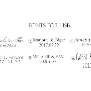 May include: A white background with black text showing six different fonts for USB. The text includes the names "Marcela & Alex", "Marjorie & Edgar", "Amelia & Tom", "Diana & Vincent", "MELANIE & SAM", and "GABBY & PAUL" along with dates.