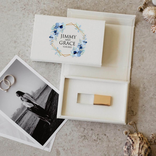 Personalized USB box and crystal USB drive | White Fabric Wedding USB box available with color print