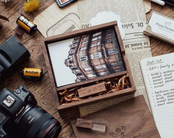Walnut Wedding Photo Box for 4x6 inch prints and USB drive– Personalized Memory Box for Wedding Photographers