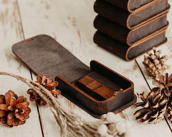 USB box with wooden engraved USB flash drive (optional) | Black USB packaging with laser-produced bended lid