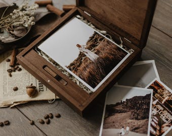 5x7 wood print box with USB insert | 5x7 wedding photo box for photos and USB drive (18x13 cm photo packaging)