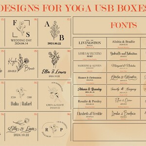 May include: A beige background with a grid of 16 squares. Each square contains a design for a yoga USB box. The designs feature floral illustrations and text with names and dates. The text in the image reads: "Designs for Yoga USB Boxes", "Wedding Day", "Our Wedding Day", "Livingston", "Alishia & Bradlie", "Adeline & Apollo", "Kamila & Valentino", "Gabrielle and Sebastina", "Brittany & Gustavo", "Maderline & Quinten", "Margaret & Nicholas", "Alishia & Bradlie", "Eleanor & Christoberson", "Otelia & Hendriz", "Gabrielle and Sebastian", "Athena & Brawley", "Sessily & Gregory", "Margant & Nicholas", "Rosalie & Presley", "Elie & Oeun", "Ofelia & Jabra", "Elizabeth & Freddie", "Amelia & Bonifacio", "Eleanor & Christinste", "Violet & Tobias", "Ella & Louis", "R", "P".