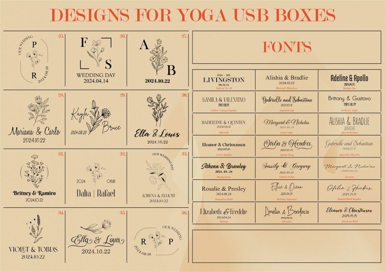 May include: A beige background with a grid of 16 squares. Each square contains a design for a yoga USB box. The designs feature floral illustrations and text with names and dates. The text in the image reads: "Designs for Yoga USB Boxes", "Wedding Day", "Our Wedding Day", "Livingston", "Alishia & Bradlie", "Adeline & Apollo", "Kamila & Valentino", "Gabrielle and Sebastina", "Brittany & Gustavo", "Maderline & Quinten", "Margaret & Nicholas", "Alishia & Bradlie", "Eleanor & Christoberson", "Otelia & Hendriz", "Gabrielle and Sebastian", "Athena & Brawley", "Sessily & Gregory", "Margant & Nicholas", "Rosalie & Presley", "Elie & Oeun", "Ofelia & Jabra", "Elizabeth & Freddie", "Amelia & Bonifacio", "Eleanor & Christinste", "Violet & Tobias", "Ella & Louis", "R", "P".