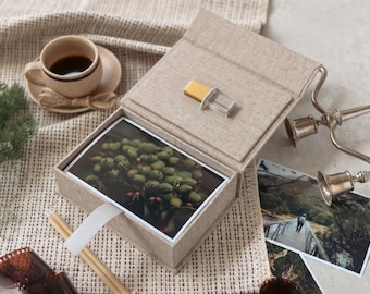 Estuche fotográfico personalizado de lino para 100 copias / Memoria USB de cristal 3.0 personalizada para fotógrafos