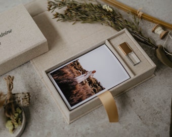 5x7 Vintage wedding photo box with 3.0 USB drive | Fabric personalized box for 18x13 cm photos