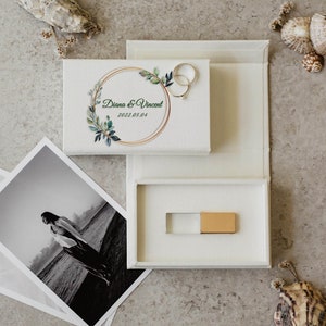 Personalized USB box and crystal USB drive | White Fabric Wedding USB box available with color print
