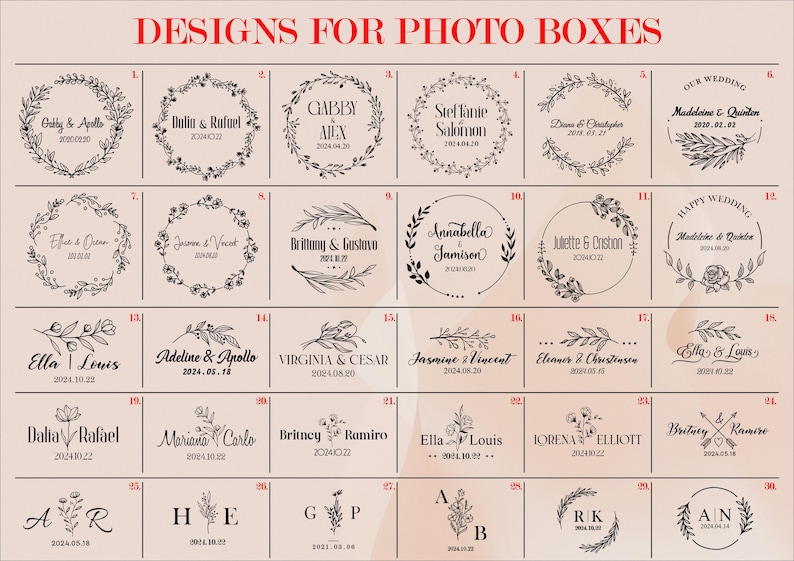 K&ouml;nnte beinhalten: Ein Raster aus drei&szlig;ig schwarzen Strichzeichnungen f&uuml;r Fotoboxen auf hellem Hintergrund, beschriftet mit DESIGNS FOR PHOTO BOXES. Jedes Quadrat enth&auml;lt einzigartige florale oder botanische Motive, Namen und Daten in verschiedenen Schriftstilen.