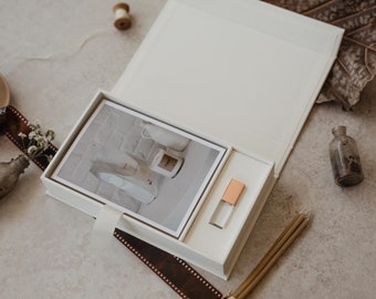 May include: A white box with a photo print of a still life scene inside. The box also contains a small USB drive with a rose gold cap. The box is open and sitting on a light gray surface.