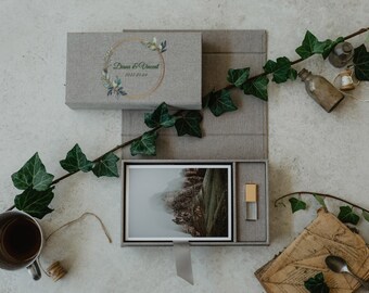 5x7 linen photo box for prints and USB flash drive | Wedding photo box for 18x13 cm photo packaging