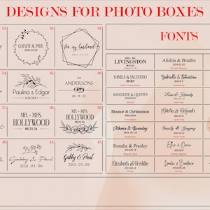 K&ouml;nnte beinhalten: Eine Referenztabelle f&uuml;r Fotoboxen mit einem Raster aus nummerierten Designvorlagen mit floralen, geometrischen und Textelementen sowie einem Bereich namens FONTS, der verschiedene Namens- und Datums-Kombinationen in Stilen zeigt.