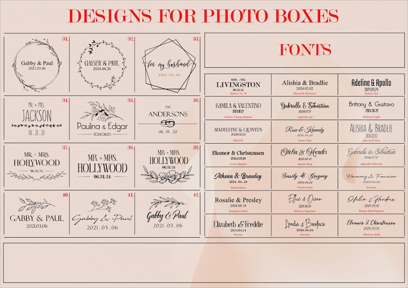 K&ouml;nnte beinhalten: Eine Referenztabelle f&uuml;r Fotoboxen mit einem Raster aus nummerierten Designvorlagen mit floralen, geometrischen und Textelementen sowie einem Bereich namens FONTS, der verschiedene Namens- und Datums-Kombinationen in Stilen zeigt.