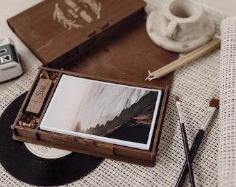 4x6 Wooden Wedding Photo Box with Custom USB Drive | Elegant 4x6 Photo Delivery Packaging for Photographers