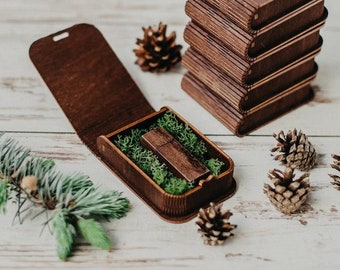 10 USB boxes with wooden 3.0 USB flash drive (optional) | USB box with decorative moss filling