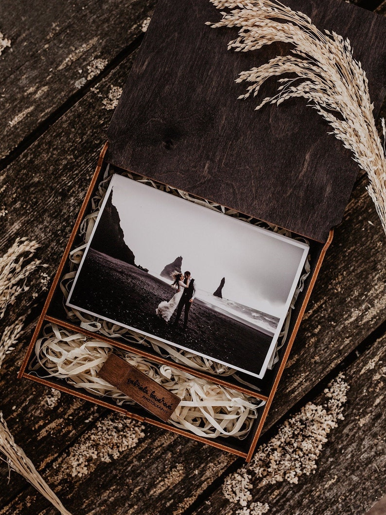 4x6 wooden photo box and custom flash drive Wedding photo box for 15x10 cm prints Black