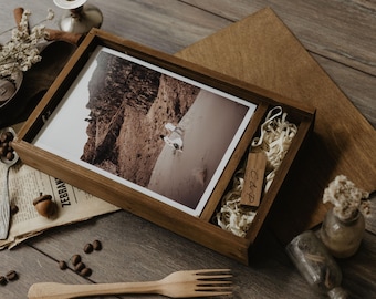 6x8 wooden photo box and USB thumb drive | 6x8 wedding album box with wedding USB thumb drive 3.0