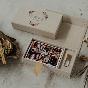 May include: A beige linen box with a photo print and a USB drive inside. The box has a floral design and the text "The Little Family" on the lid. The box is sitting on a light gray surface.