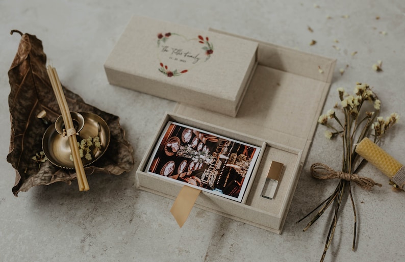 May include: A beige linen box with a photo print and a USB drive inside. The box has a floral design and the text "The Little Family" on the lid. The box is sitting on a light gray surface.