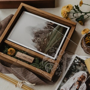 Boîte imprimée en bois 4 x 6 avec couvercle en verre organique | Boîte photo 4x6 pour photos et clé USB (emballage photo 15 x 10 cm)