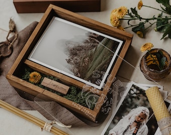 4x6 wood print box with organic glass lid | 4x6 photo box for photos and USB drive (15x10 cm photo packaging)