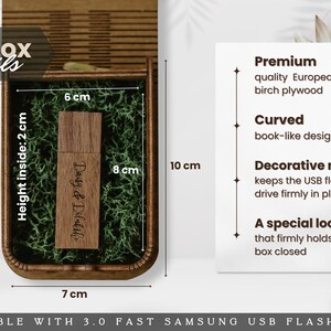 Peut inclure: Une bo&icirc;te &agrave; cl&eacute; USB en bois mesurant 7 cm sur 10 cm avec une hauteur de 3 cm, contenant de la mousse d&eacute;corative verte et une cl&eacute; USB en bois grav&eacute;e du texte Daisy & Dilukshi. La bo&icirc;te pr&eacute;sente un design incurv&eacute; et un m&eacute;canisme de verrouillage.