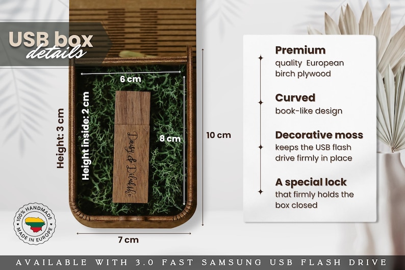 Peut inclure: Une bo&icirc;te &agrave; cl&eacute; USB en bois mesurant 7 cm sur 10 cm avec une hauteur de 3 cm, contenant de la mousse d&eacute;corative verte et une cl&eacute; USB en bois grav&eacute;e du texte Daisy & Dilukshi. La bo&icirc;te pr&eacute;sente un design incurv&eacute; et un m&eacute;canisme de verrouillage.