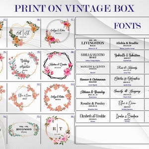 May include: A chart with a variety of fonts for wedding invitations. The fonts are displayed in a grid with different names and dates. The chart is titled "FONTS".