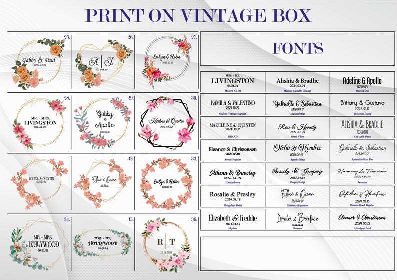 May include: A chart with a variety of fonts for wedding invitations. The fonts are displayed in a grid with different names and dates. The chart is titled "FONTS".