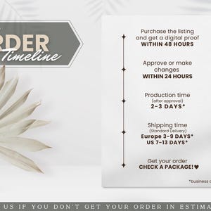 Peut inclure: Un panneau informatif blanc intitul&eacute; YOUR ORDER Timeline avec un en-t&ecirc;te en forme de fl&egrave;che gris fonc&eacute;. Le texte d&eacute;taille les &eacute;tapes : preuve num&eacute;rique sous 48 heures, approbation sous 24 heures, production en 2-3 jours et exp&eacute;dition. Une plante est visible.