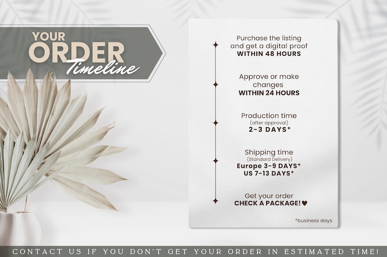 Peut inclure: Un panneau informatif blanc intitul&eacute; YOUR ORDER Timeline avec un en-t&ecirc;te en forme de fl&egrave;che gris fonc&eacute;. Le texte d&eacute;taille les &eacute;tapes : preuve num&eacute;rique sous 48 heures, approbation sous 24 heures, production en 2-3 jours et exp&eacute;dition. Une plante est visible.