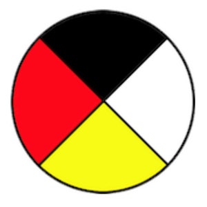 May include: A circle divided into four sections, each a different color: red, black, yellow, and white. This is a traditional Native American symbol.