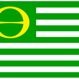 May include: A green and white striped flag with a yellow circle containing a stylized letter "O" in the upper left corner.