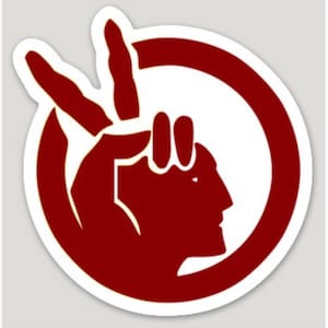 May include: A red hand with three fingers raised in a peace sign, inside a white circle with a red outline. The hand is holding a profile of a person's head, also in red, facing right.