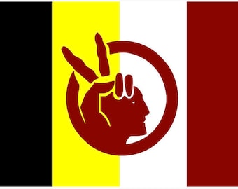 Puede incluir: Una bandera roja, blanca y amarilla con una huella de mano roja y un perfil rojo de una cabeza de persona dentro de un círculo rojo. El círculo está sobre un fondo blanco.
