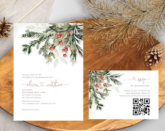 May include: A wedding invitation with a watercolor design of pine branches and red berries. The invitation is for Olivia and Nathan's wedding on December 28th, 2024 at four o'clock in the afternoon at The Polo Lounge in Greenville, NY. The RSVP card includes a QR code to RSVP on their wedding website.