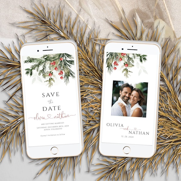 Christmas Save the Date Template, Electronic Save the Date, Text Message, Winter Wedding, Digital Download, Edit with Templett, POT