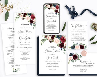Burgundy Wedding Invitation Blush Navy Flowers, Editable Blush Navy Wedding invite Template, Printable, Download, Diy, Floral, POM