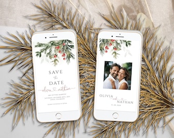 Christmas Save the Date Template, Electronic Save the Date, Text Message, Winter Wedding, Digital Download, Edit with Templett, POT